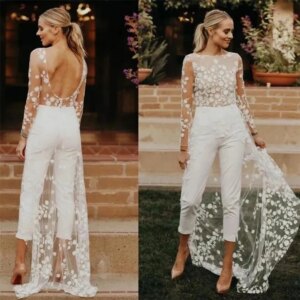 Fashion Lace Illusion Prom Dresses Elegant Summer Backless Long Sleeve Chapel Train Dress Special Occasion Gowns With Pants