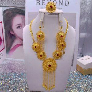 Dubai Middle East New 24K Gold Plated Necklace, Earrings, Rings, Romantic Wedding Party Gifts, Jewelry Set for Lovers YY10573