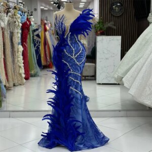 Crystal Feather Royal Blue Mermaid Evening Dress Dubai Beaded Lace Appliques Formal Party Gown Celebrity Prom Dress Elegantes