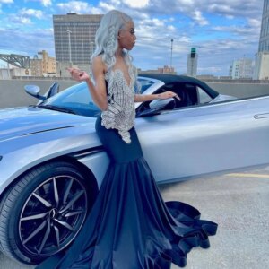 EVLAST Customized Glitter Black Long Mermaid Prom Dress Black Girls Silver Crystal Beaded Birthday Evening Party Gown TPD268
