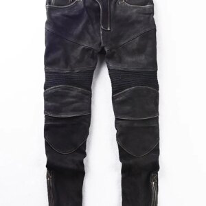 New Designer Mens Cowhide Genuine Leather Motorcycle Biker Pants Slim Fit Suede Leather Riding Trousers Casual Straight Pants
