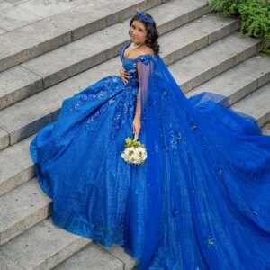 Mexican Royal Blue 2025 Quinceanera Dresses Sequin Applique Lace Beads Tull Sweet 16 Ball Gown With Cape Corset Vestidos De 15