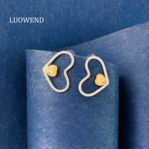 LUOWEND 100% 18K White Gold Earrings Shiny Heart Shape Real Natural Yellow Diamond Stud Earrings for Women High Wedding Jewelry