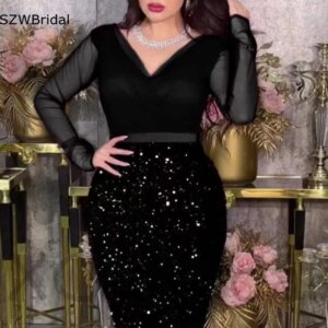 Custom made V Neck Long sleeve Evening dresses Sequine Lace Evening gowns Black formal occasion dresses Vestido de noche