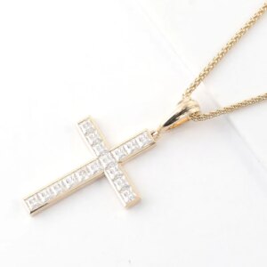 Provence Princess Cut Moissanite Diamond Accented Solid 14K Yellow Gold Holy Cross Shape Pendant For Woman Men Trendy Jewelry
