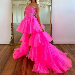 2025 Tulle Train Sweetheart Long Evening Gowns High Low Formal Occasion Dress Beautiful Rose Pink Prom Party Dresses