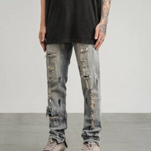 High Street Hole & Patch Distressed -Fit Zipper Jeans Men’s Hip Hop Trousers