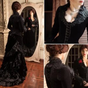 Historical Velvet Victorian Wedding Dress with Jacket Bustle Crimson Peak Black Gothic Wedding Gown Women Costume Customized
