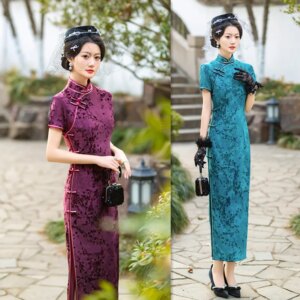 Retro Chinese Style Traditional Long Short Sleeve Robe Qi Pao     Middle-Aged Elderly Women Cheongsam Dress