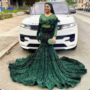 Customized Sequin Applique Beadeds Mermaid Prom Dresses Glitter Long Evening Party Gala Gown Black Girl Birthday Robes de soirée