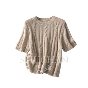 Soft Waxy Twisted Cashmere Wool Lyocell Crew Neck Short-sleeved Knitted Sweater Women 10C1 Sueter Mujer