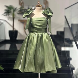2025 Green Organza Dress Pleated Bow Cocktail A Line Dress Special Occasion Dress Prom Party Knee Length Dress Customized