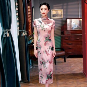 Out of Stock Spring New High Quality Real Silk Short Sleeve Printed Long Modified Cheongsam Qipao Women’s Dress