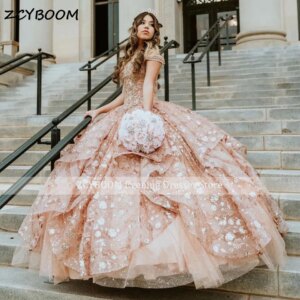 Customized 2025 Rose Gold Princess Ball Gown Quinceanera Dress Sequins Beaded Birthday Party Sweet 15 Vestidos De 15 Años