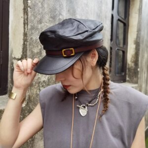 Men’s leather hat Flat biker Beret ladies casual everything
