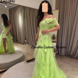 Customized Off-The-Shoulder Neckline Luxury Evening Dresses A-Line Split Hand-Made Flowers Formal Occasion Dresses Sleeveless