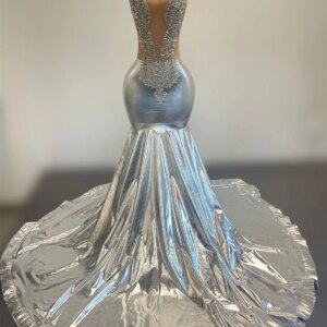 Sparkly Silver Long Prom Dresses For Black Girls Sheer Crystals American African Evening Gowns Birthday Party Robe Customized