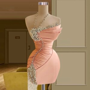 Pink Cocktail Dresses Sheath Halter Short Mini Beaded Party Homecoming Dresses Haute Couture Customized