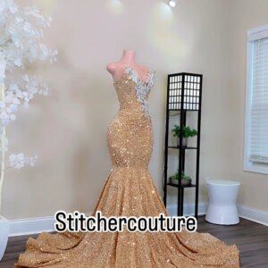 EVLAST Customized Champagne Sequins Prom Dress Black Girls White Lace Rhinestone Crystal Beaded Mermaid Party Gala Gown E3P300
