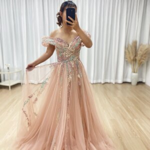 MYMB Arabic Elegant Pink A-Line Evening Dresses Luxury Long Appliques Sleeveless Prom Dresses For Formal Occasion MB40303