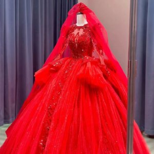 Lace Beading Romantic Red Wedding Dresses For Women 2024 Princesss Vintage High Neck Long Sleeves Bridal Gown Vestidos De Novias