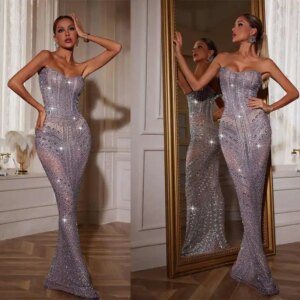 Illusion Mermaid Evening Dress Strapless Sleeveless Crystal Beaded Prom Gown Sexy Lace Sweep Train Formal Dresses Custom Made