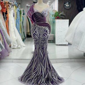 Vintage Purple Dubai Women Formal Party Dress with Silver Crystals Stunning Beads Mermaid Wedding Occasion Gowns Customize Robes