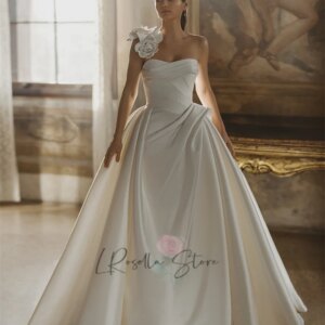 LRosella High Quality Italy Satin Handmade Flowers Pleat Sweetheart Neckline Court Train Custome Wedding Dress Lace-up