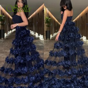 Customized Luxury Strapless Sleeveless Evening Dress High Quality Satin Chapel Train Prom Dresses Delicate Flowers Party Gowns