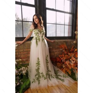 Chic White Evening Dresses Leaves Applique A-Line Party Gowns Elegant Off The Shoulder Embroidery Tulle Women Prom Dresses