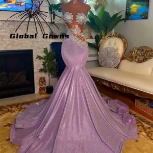 Purple O Neck Long Prom Dress Black Girl 2024 Bead Crystal Birthday Party Dresses Rhinestone Evening Gown Robe De Bal Customized