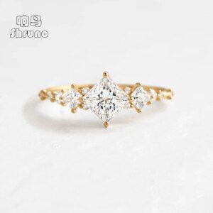 Shruno Solid 14K Au585 Yellow Gold 0.8ct 5mm Princess Cut Moissanite Engagement Ring Moissanite Band For Women Fashion Jewelry