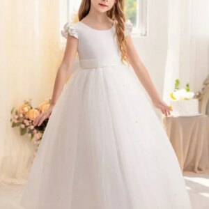 Flower Girl Dress White Tulle Pearls Skirt With Bow Short Sleeve For Wedding Birthday Party First Communion Gowns Princess Dress