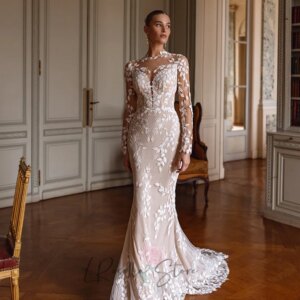 LRosella O-neck Neckline Illusion Leaf Lace Applique Sweep Train 2025 Bridal Gown Customized Long Sleeves Mermaid Wedding Dress