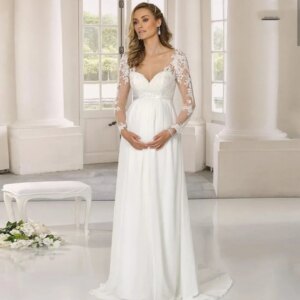 Pregnant Women Lace A-Line Long Sleeve Chiffon Wedding Dress Bridal Appliques Vestidos De Noiva Customed 2025