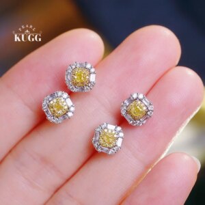 KUGG 100% 18K White Gold Earrings Luxury Elegant Style Real Natural Yellow Diamond Stud Earrings for Women High Party Jewelry