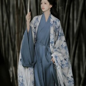 Chinese Hanfu Dress Women Traditional Vintage Bamboo Printed Hanfu Carnival Cosplay Costume Green&White Hanfu Dress Plus Size XL