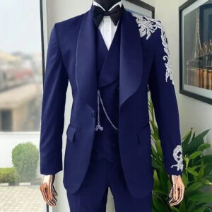 Mens Suit 3 Piece Handmade Beads Applique Customized Slim Fit Groom Tuxedo Wedding Formal Tailored Party Wear Jacket Vest Pants