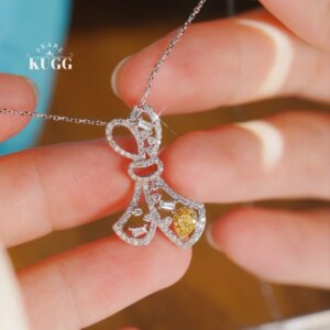KUGG 100% 18K White Gold Necklace Women Real Natural Yellow Diamond Pendant Necklace Romantic Bowknot Shape High Wedding Jewelry