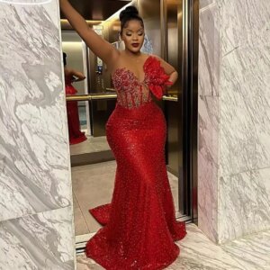 Sparkly Beading Sequins Lace Plus Size African Red Evening Dresses Aso Ebi Style Formal Dress Ruffled Flower African Party Gowns