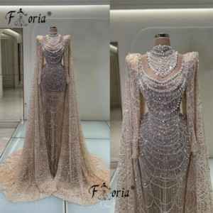 Luxury Dubai Beaded Pearl Evening Dresses Long Cape Sleeves Illusion Mermaid Champagne Wedding Dress vestidos de novia Bride