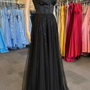 Classic Long Black Strapless Shiny Tulle Prom Dresses Sleeveless A Line Floor Length Vestido De Festas Elegante