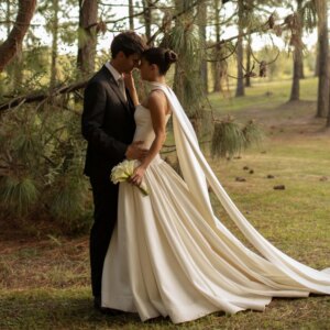 Customized Strapless Satin Bridal Gown Elegant Bridal Photoshoot Dress Sleeveless A Line Sweep Train Simple Bridal Dress TSWD533