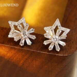 LUOWEND 18K White Gold Earrings Fashion Snowflake Design 0.34carat Real Natural Diamond Stud Earrings for Women Birthday Gift