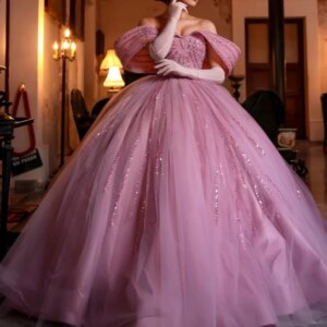 Pink Shiny Off Shoulder Quinceanera Dresses Beading Crystal Tull Party Birthday Sweet 16 Dress Vestidos 15 anos