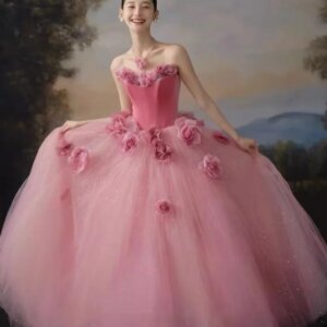 luxury rose pink flowers court ball gown fairy medieval dress princess queen cosplay gown ball long dress