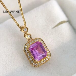 LUOWEND 100% 18K Yellow Gold Necklace Luxury Diamond Natural Pink Sapphire Necklace for Women Elegant Style High Party Jewelry