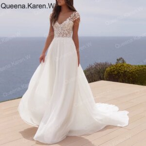 Elegant Boho A line Wedding Dress v neck lace applique chiffon bride dress robe de mariee A line Wedding Bridal Gown