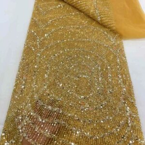 Gold African Heavy Beaded Lace Fabric 2024 High Quality Nigerian Sequins Groom Lace French Tulle Fabric For Party Dress Sewing
