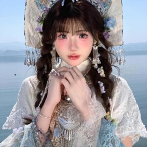 Lijiang Yunnan Travel Shot March Three Minority Costumes Sweet The Zhuang Nationality Blue White Embroider Show Costume